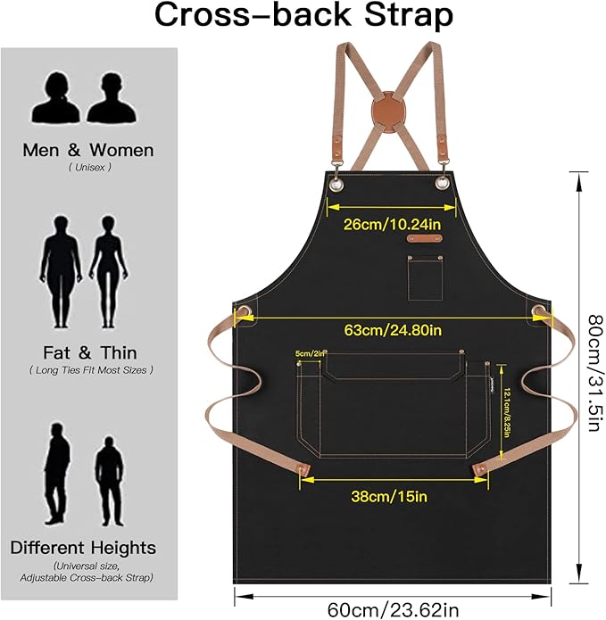 Chef Apron with Cross Back Straps for Men Women, Cotton Canvas Apron for Artists Painting, Kitchen Cooking