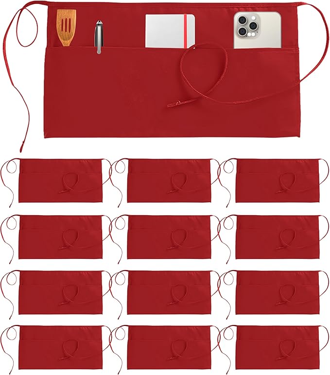 Utopia Wear 12 Pack Server Aprons with 3 Pockets, Waiter and Waitress Waist Aprons for Women with Pockets, Men Short Aprons