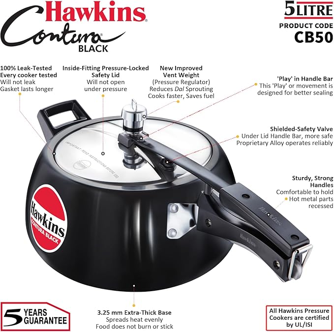 Hawkins Contura Black Pressure Cooker, 5 Litre, Black (CB50)