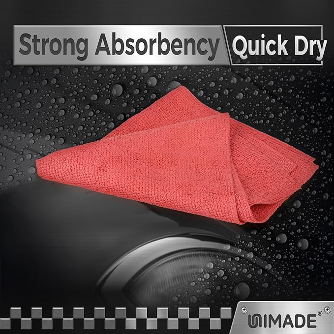 UNIMADE Microfiber Cleaning Cloth, 24 Pack Reusable Microfiber Towels for Cars Lint Free Cleaning Shop Towel Rags for Home Kitchen Automotive Bar Mechanic Restaurant Garage, 11"x 12", Red