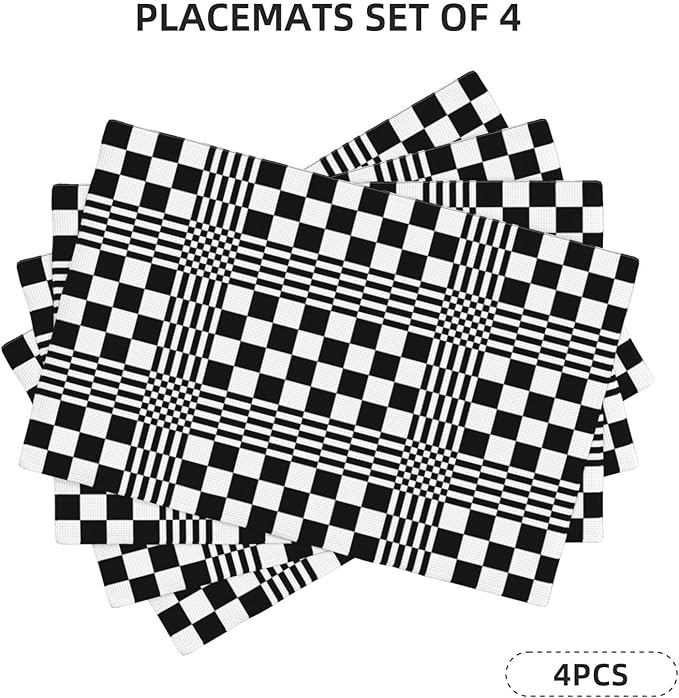 Modern Checkered Linen Placemats Set of 4, Retro Black & White Geometric Patterned Place Mats for Dining Table, Kitchen, Party, 12 x 18 Inch Non-Slip Heat Resistant White Black Table Mats, Home Decor