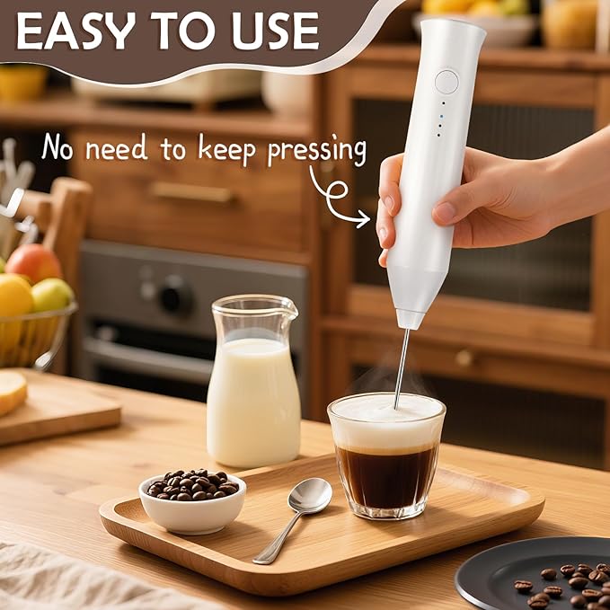 Milk Frother Handheld Rechargeable, Frother Wand Drink Mixer Electric Whisk for Coffee, Detachable With 2 Stainless Whisks, Hand Mixer for Lattes, Matcha, Egg(White)