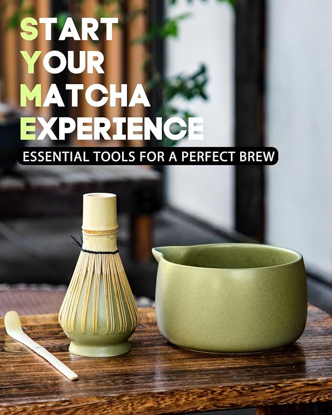 20OZ Matcha Whisk Set - 5PCS Japanese Tea Set Includes Matcha Bowl with Spout, Bamboo Whisk with Ceramic Holder, Bamboo Scoop and Sifter, Matcha Kit for Ceremony, Gift for Matcha Lovers (Matcha Green)