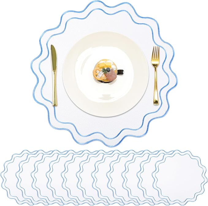 Set of 12 Cotton Linen Placemats, 15x15 Scalloped Flower Embroidery Cloth Table Mats Double Layered Fabric Washable Wrinkle Free Dining Placemat for Restaurant Kitchen Decor(White with Blue)