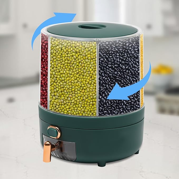 Cereal Dispenser Countertop 360° Rotating Grain Storage Container 13.2-27.56 Lbs Rice Dispenser 6 Grids Dry Food Dispenser Candy Dispensers for Grains, Beans, Rice (Green+Clear, 14.33Lbs)