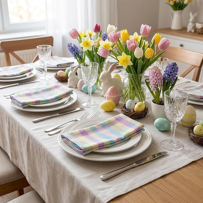Urban Villa Cloth Napkins Set of 12 20x20 Inches 100% Cotton Napkins Cloth Washable Soft Durable Reusable Absorbent Table Dinner Napkins Cloth for Easter Decorations Restaurant Weddings-Easter Checks