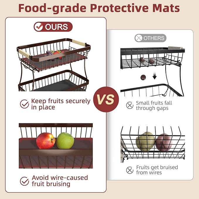 Sevenblue 2 Tier Large Fruit Basket for Kitchen Counter with 2 Mobile Banana Hangers, 2026 Pro Detachable Metal Fruit Bowl with Wooden Handle (Brown, 2 Tier)