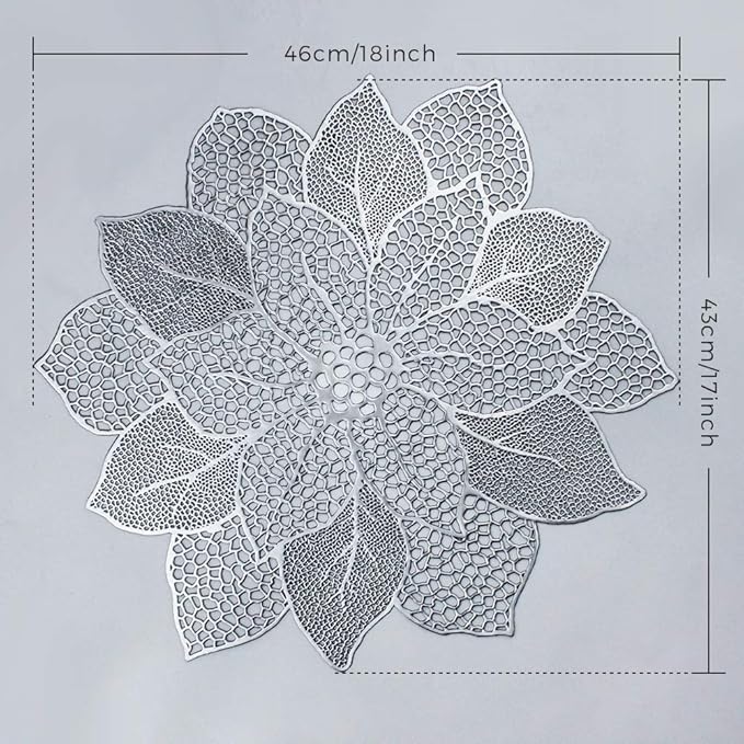 AdasBridal Silver Round Placemats for Dining Table Set of 6 Pressed Vinyl Metallic Table Mats Hollow Out Hibiscus Flower Place Mats for Dinner Decor Holiday Wedding Accent Centerpiece