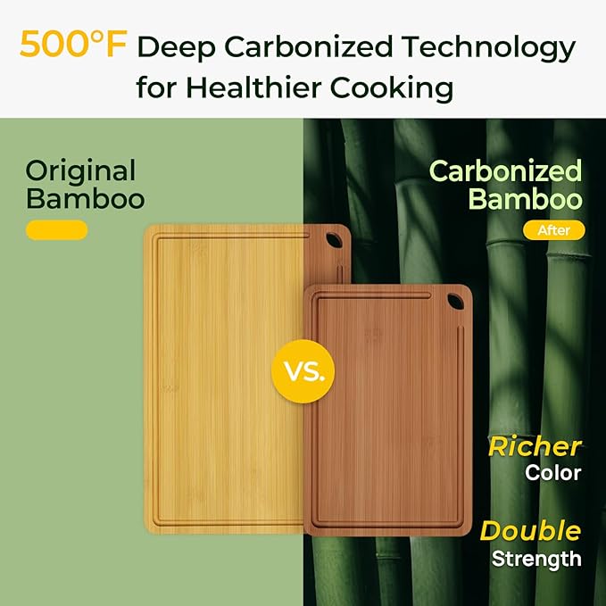 Keechee Butcher Block 2-Pcs Carbonized Bamboo Cutting Board Set With Juice Groove For Meal Prep & Cheese Serving - Ideal Kitchen Gift Set of 2 (M+L)