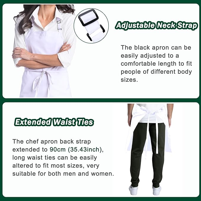 3 Pack Black White Chef Apron, Adjustable Kitchen Apron with 3 Pocket for Men Women Waitress Waiter Serve (Polycotton)