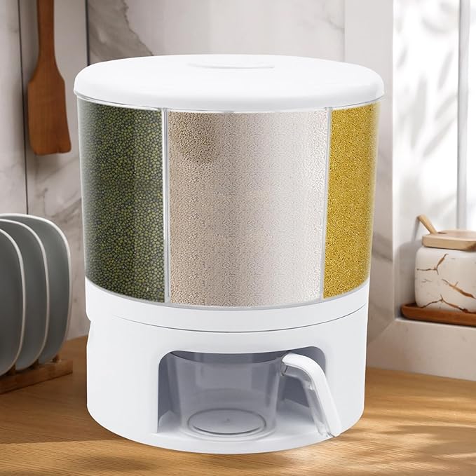 360° Rotating Grain Dispenser With 6 Grids, 24lbs Large Capacity Grain Dispenser Rotating Kitchen Storage Containers With Sealed Lid For Peanut Barley Millet And Cereal(White)