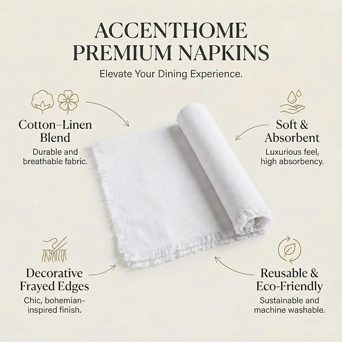 ACCENTHOME White Cotton Linen Napkin Set of 12 18x18 inch Dinner Napkins - Washable Soft Premium Hotel Quality Reusable Hemmed Edges Napkins Perfect Table Linens for Family Dinners, Weddings