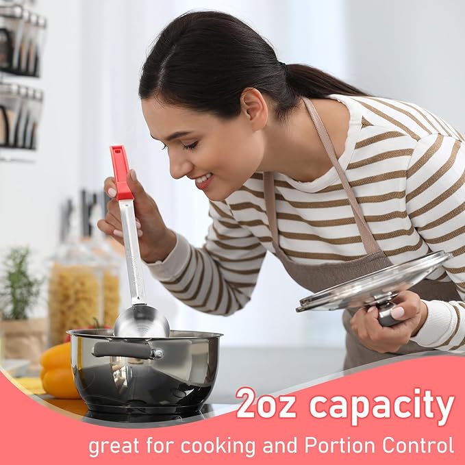 Teenyyou 8 Pcs Portion Control Serving Spoons Portion Scoops Cups Solid and Slotted Stainless Steel Ladle Spoon for Food, Serving Utensils Set for Parties(Red,2 oz)