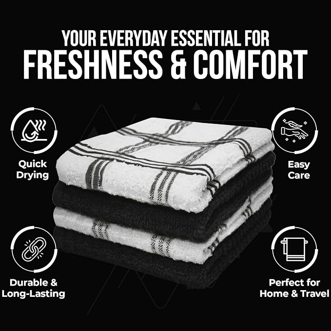 DAN RIVER Premium Dish Cloth 100% Cotton 12 X 12 Inches |Pack of 8|-Ultra Soft Tea Towels-Highly Absorbent Kitchen Rags-Terry Dishcloth for Kitchen and Household Cleaning |Black|