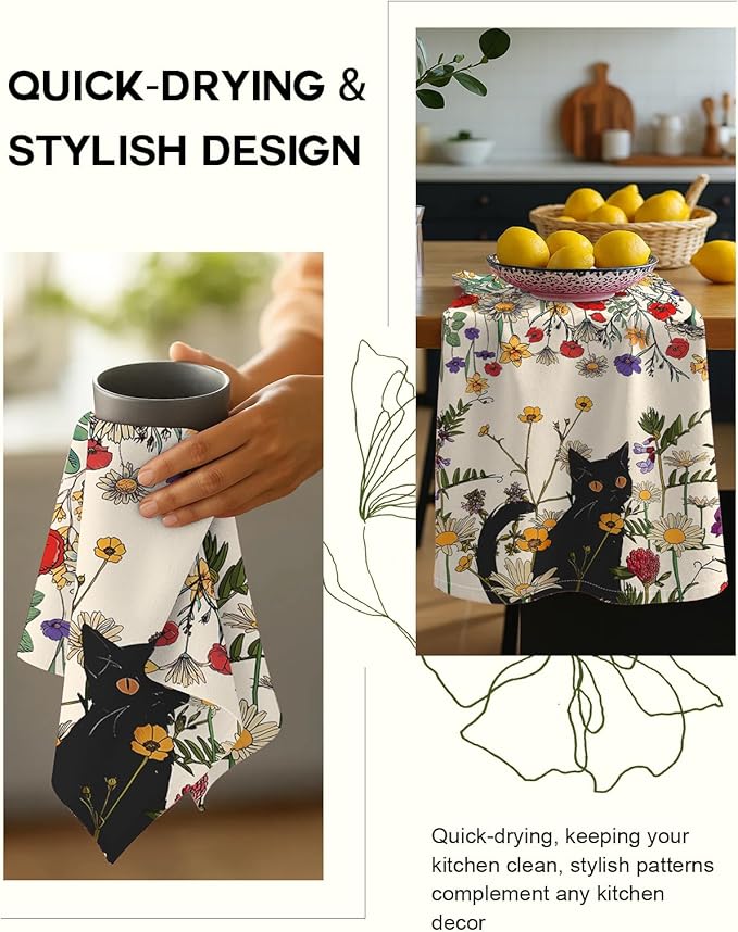 Miss Adola Flour Sack Kitchen Towels - Set of 2 Spring Dish Towels with Hanging Loop 18x26 Inch Absorbent Reusable Cotton Cloths for Cleaning Cute Design Home Decorative Housewarming, Cat in Grass