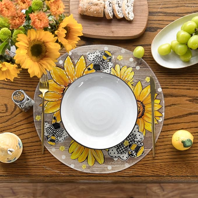 Artoid Mode Wood Sunflower Bee Flower Polka Dot Round Summer Placemats Set of 4, 14 Inch Farmhouse Fall Round Table Mats for Dining Decoration