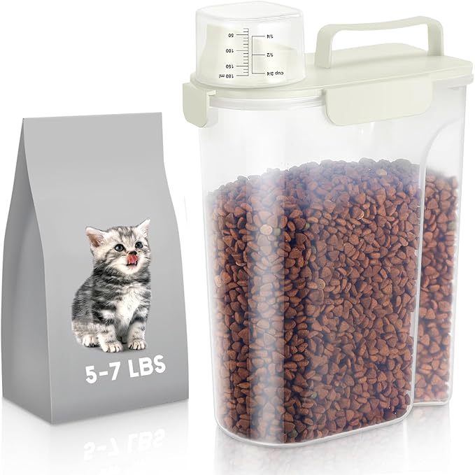 LEAWALK 5Lbs Dog Cat Storage Container Portable with Upgraded Large Spout and Cup, Plastic Pet Food Dispenser for Small Animal Kibble, Bird Seed, Oatmeal, Rice, Flour, Brown Sugart -Elegant White