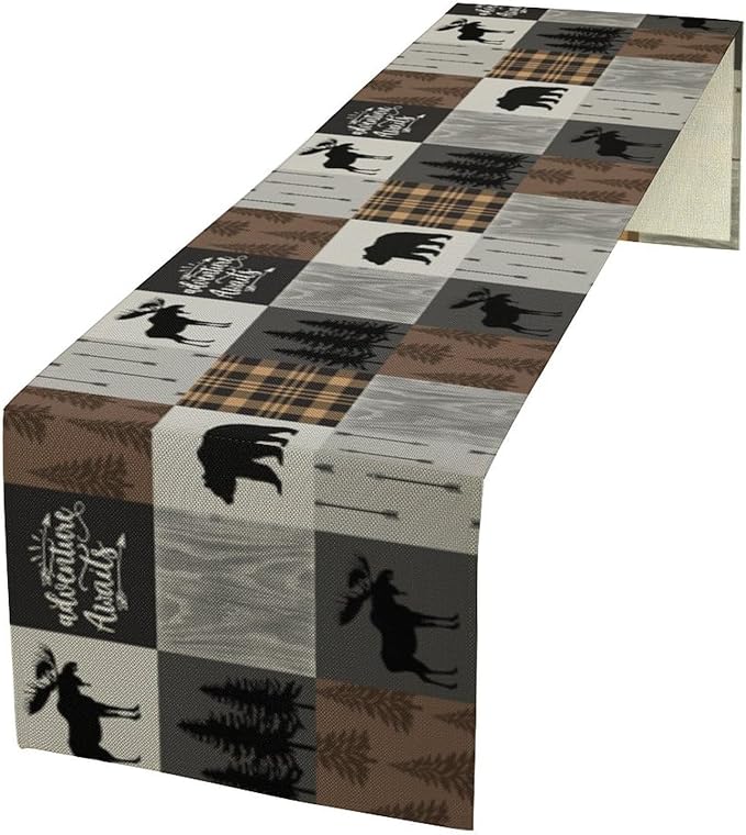 Rustic Cabin Bear Table Runner Retro Deer Moose Hunting Country Plaid Art Printed Runner for Home Kitchen Dining Table Living Room Decor Fabric 1 Panel W13xL36in