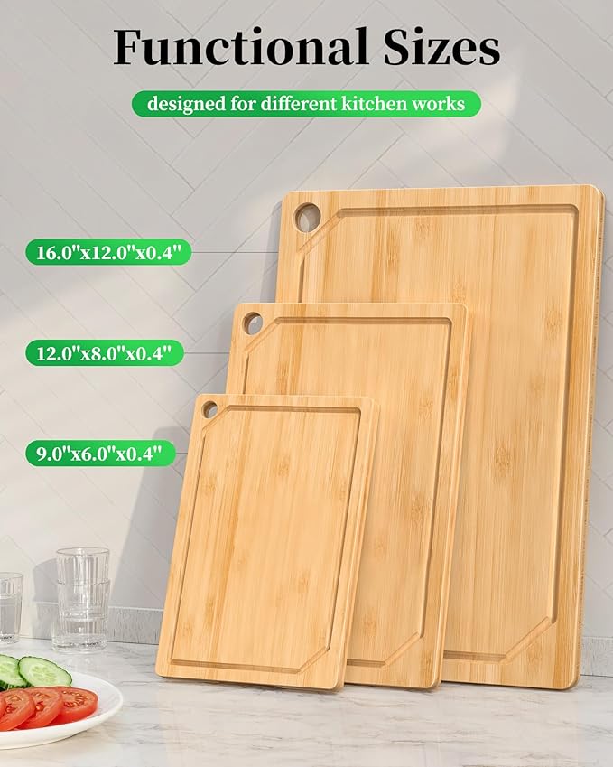 Kitchen Cutting Board Set - 3-Piece Wooden Cutting Boards for Kitchen with Juice Groove, Handles, Hang Holes, Stylish Kitchen Essentials for Chpping & Serving, Natural, 0.4"Th - (XL+M+S)