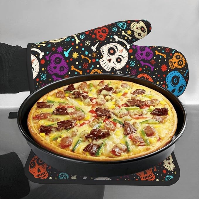 Skull and Floral Oven Mitts and Pot Holders Heat Resistant Oven Mitts Safe for Baking Cooking BBQ