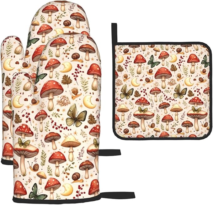 Mushroom Pot Holders and Oven Mitts Set, Botanic Farmhouse Potholders and Oven Mitts for Baking Cooking Grilling BBQ, Mushroom Gifts for Women Chef Baker