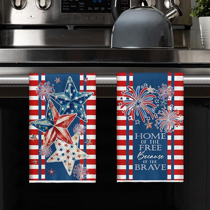 Artoid Mode Stripes Star Fireworks 4th of July Kitchen Towels Dish Towels, 18x26 Inch Independence Day Decoration Cleaning Set of 2