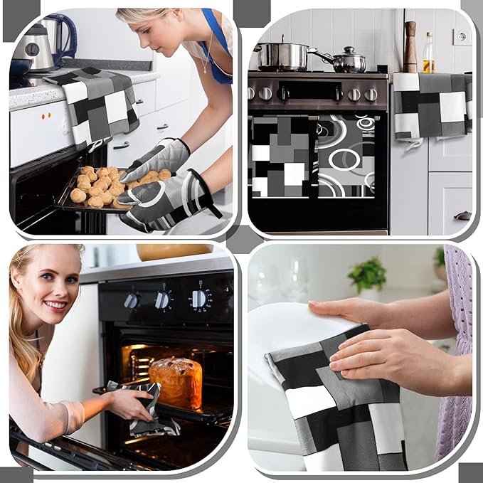 Jingmore 6 Pcs Kitchen Decor Set Accessorie Farmhouse Kitchen Towels Pot Holders Oven Mitts Set 2 Dish Towels 2 Pot Holders 2 Cooking Mittens Oven Glove for Cooking (Gray and Black,Geometric)