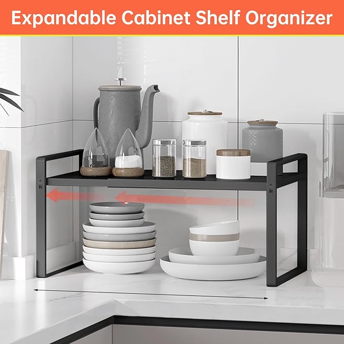 Adjustable Cabinet Shelves 9", Expandable 14~25" Metal Shelving for Pantry & Kitchen Organization, (2 Pack) Heavy-Duty Shelf Organizer, Fits Microwave, Spices, Countertop Storage