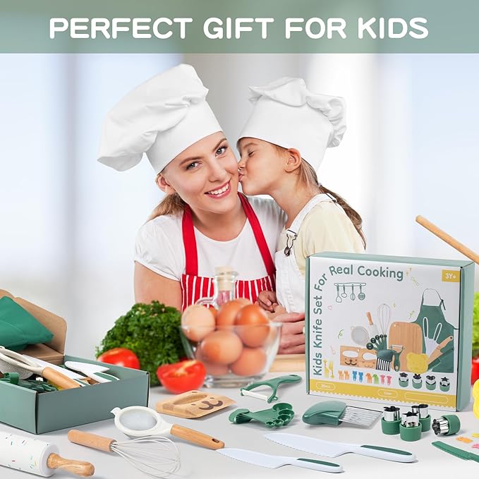 20 PCS Kids Safe Knife Set for Real Cooking, Montessori Kitchen Tools for Toddlers, Cooking & Baking Set for Little Chefs, Kids Kitchen Knife, Crinkle Cutter, Kid Apron for Girls Boys
