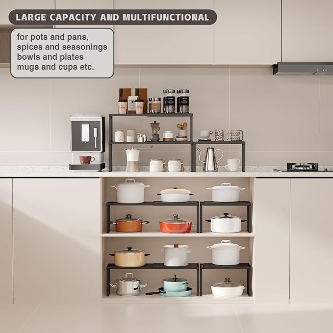 Magheo Expandable Cabinet Shelf Organizer, 1 Pack Stackable Kitchen Counter Shelf Riser, Metal Spice Rack Adjustable Heavy Duty Countertop Organizer Storage for Kitchen, Pantry, Cupboard, Rv (Black)