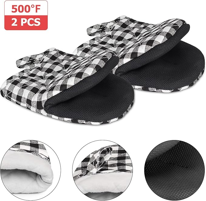 Short Oven Mitts, Heat Resistant 500°F, Silicone Grip Kitchen Gloves, Non-Slip for Baking, Grilling, BBQ, Machine Washable with Hanging Loop, 2-Pack Set, Black and White Plaid
