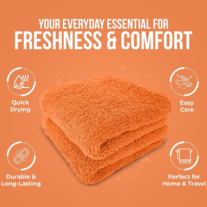 DAN RIVER 12 Pack Wash Cloths for Showering [12x12] - 100% Cotton Washcloths Premium Quality Flannel Face Cloths for Bathroom, Highly Absorbent and Soft Feel Wash Clothes, Orange