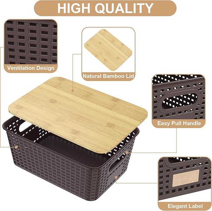6Pcs Storage Bins with Lids, Stackable Plastic Storage Basket with Bamboo Lid, Pantry Organizer Box Small Containers for Organizing Shelves Drawer Desktop Closet Cabinet Office Classroom 10x7.1x4.1in