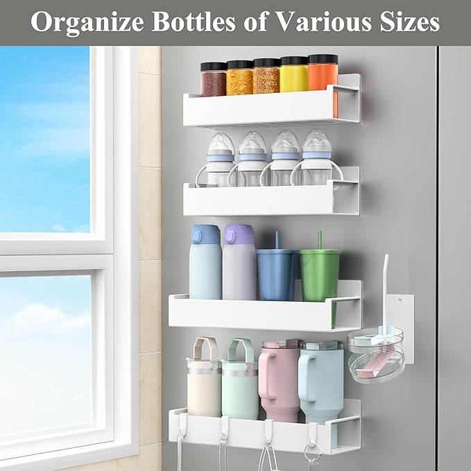 HuggieGems Magnetic Water Bottle Holder for Refrigerator, Cup Holder Organizer for Stanley and Tumbler for Kitchen, 4 Pack, White