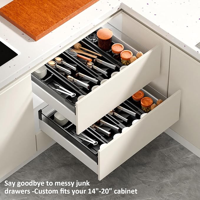 Silverware Drawer Organizer with Expandable Panel & Removable Dividers – Fits 15.67" to 21.18" Kitchen Drawers, Space-Saving Utensil Storage Solution (SPACE BLACK, W4.92 x L15.7 inches)