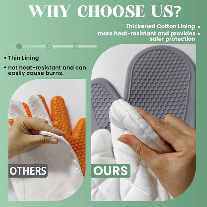 Silicone Oven Mitts Heat Resistant to 500ºF - [Ultra Heat Resistant] [Thickened Liner] [Waterproof Silicone] Kitchen Oven Gloves Mittens for Cooking, 1 Pair (Grey)