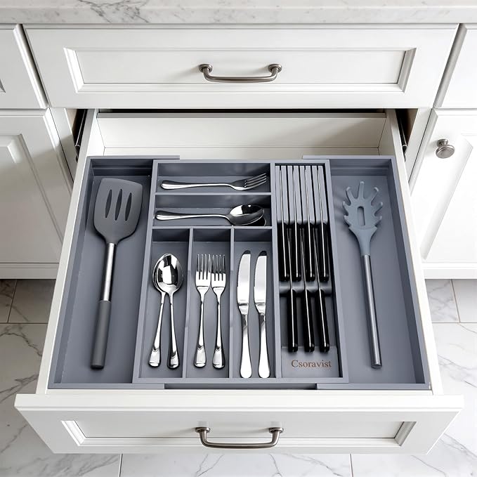 9-Piece Bamboo Kitchen Drawer Organizer Set, Expandable Silverware &Utensil Organizer with Removable Knife Block & Steak Knives, Flatware Organization, Tableware Dividers Storage(Gray)