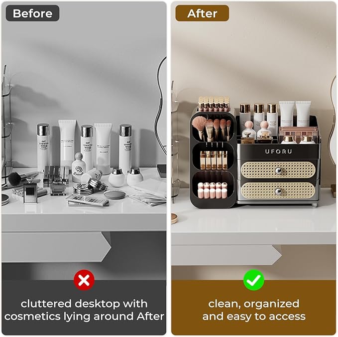 Makeup Organizer for Vanity with Brush Holder, Large Plastic Bathroom Countertop Skincare Organizer with 2 Drawers, Spacious Cosmetic Display Case for Perfumes, Eyeshadow Palettes, Nail Polishes