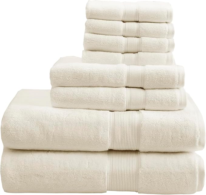 Madison Park 800GSM 100% Cotton Luxury Bathroom Towels ,Long Oversized Linen Cotton Bath Towel Set , 8-Piece Include 2 Bath Towels, 2 Hand Towels & 4 Wash Towels, Cream