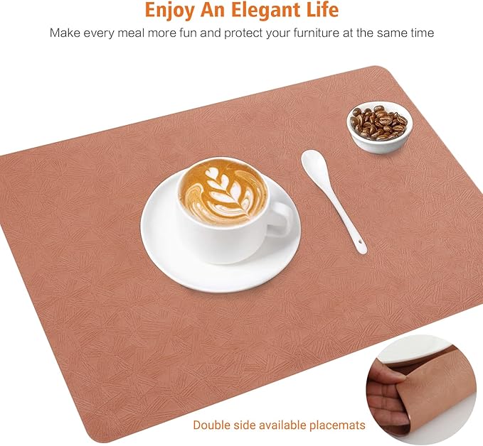 Vinyl Placemats Set of 4 Heat Resistant Easy Clean Non-Slip Place Mats for Dining Table. Faux Leather Waterproof Stain Resistant Wipeable Washable PU Table Mats(4, Coral)