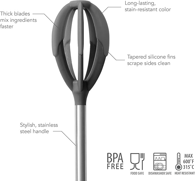 Tovolo Pancake Batter Mixer Whisker for Mixing Waffles Cakes Muffins and Brownies, Silicone Coated Blades Scrape Bowls Clean, BPA Free Dishwasher Safe Easy to Use Kitchen Utensil, Charcoal Gray