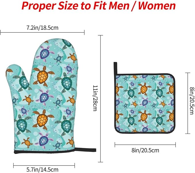 Cute Sea Turtle Beach Oven Mitts and Pot Holders Set Ocean Themed Decorative Heat Resistant Microwave Oven Gloves for BBQ Baking Grilling Cooks Kitchen Decor 3 Piece