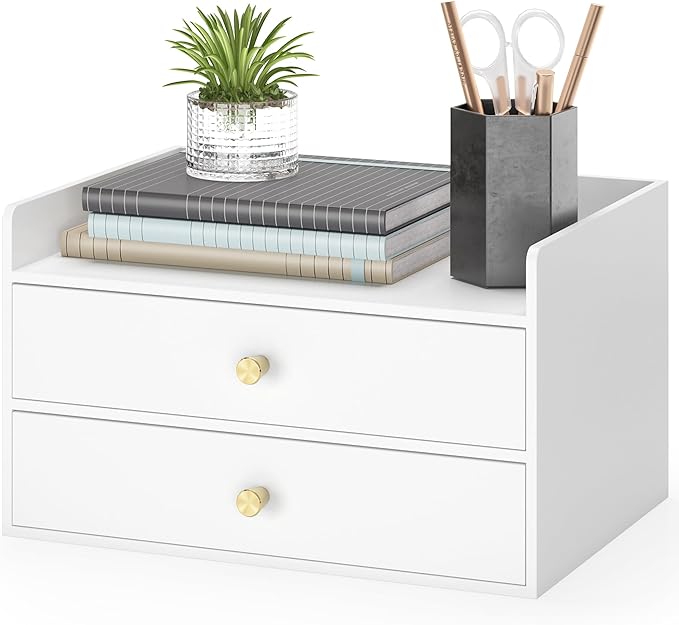 Bamboo Desk Organizer with Drawers Wooden Desktop Storage Drawers for Bills Office Supplies Kitchen Utensils Organizing Tool for Home Classroom Organization No Assembly (White, 2 Drawers)