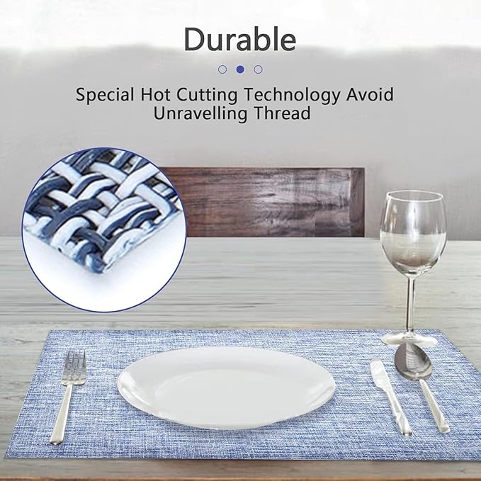 DACHUI Placemats Set of 4, Linen Look Woven Place Mats, Water Resistant, Heat Resistant, Washable, Durable Table Mats (Blue)