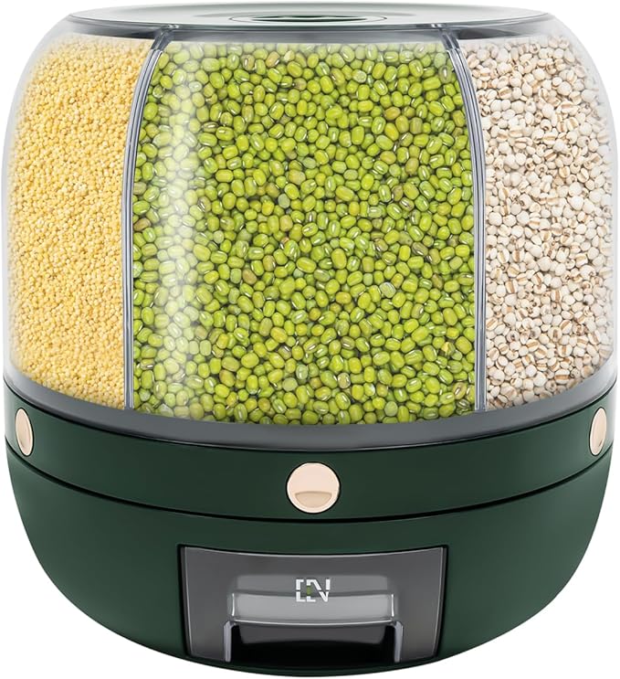 360° Rotating Grain Dispenser With 6 Grids, 13.2lbs Large Capacity Grain Dispenser Rotating Kitchen Storage Containers With Sealed Lid For Peanut Barley Millet And Cereal (Green, 13.2 lbs)
