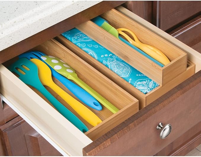 mDesign Wooden Bamboo Drawer Organizer - 12" Long Stackable Storage Box Tray for Kitchen Drawers/Cabinet - Utensil, Silverware, Spatula, and Flatware Holder - Echo Collection - 2 Pack, Natural Wood