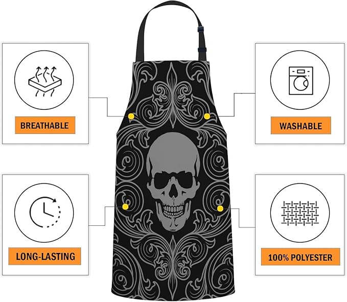 oFloral Human Skull Halloween Apron,Adjustable Neck Bib Apron for Men Women,Suitable for Kitchen Cooking Waitress Chef Apron