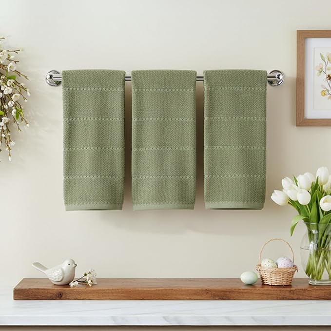 Serafina Home Dark Sage Green Kitchen Hand Dish Towels: Oversized 28" x 18",100% Cotton Cloth Soft Cleaning Drying Absorbent Textured Design, Set of 3 Multipurpose for Everyday Use (Dark Sage)