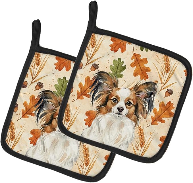 Caroline's Treasures White with Sable Papillon Heirloom Fall Pair of Pot Holders Pair 7.5x7.5 Quilted Insulated Hot Pads Decorative Kitchen Gift Made in USA