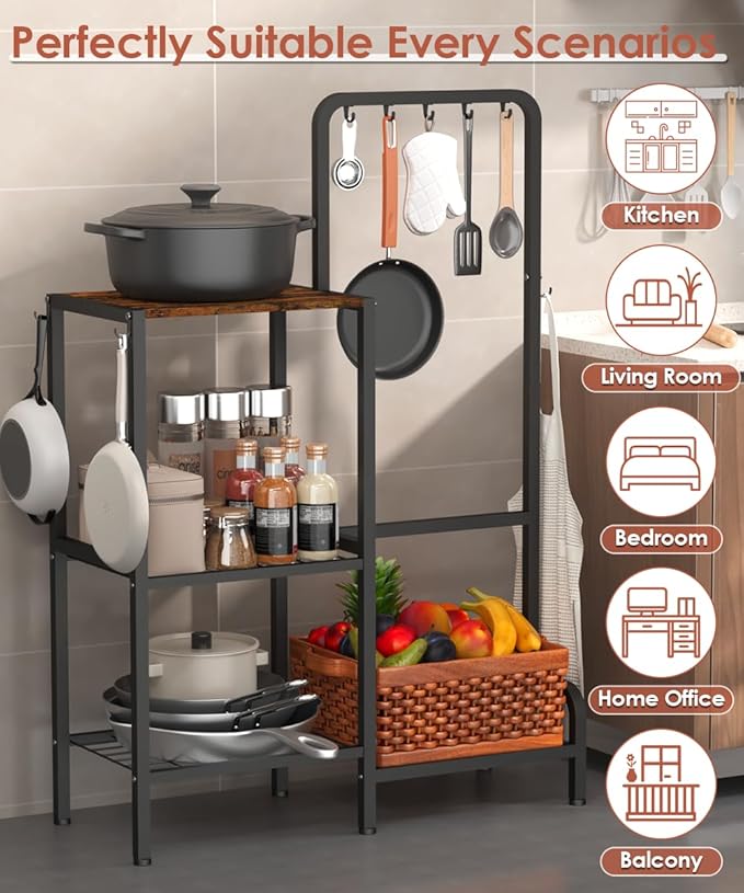 mocomax Kitchen Stand Shelf with Storage, 3-Tier Utility Baker's Rack for Spices, Adjustable Coffee Bar Station with 8 Hooks, Space-Saving Microwave Oven Stand for Pots, Pans & Utensils, Black